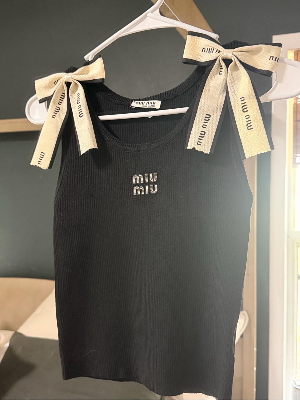 Miu Miu Black Ribbed Tank With Logo And Bow Straps